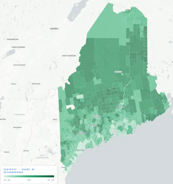 VoterScape in Maine, centrist stance on data centers. Every neighborhood shaded by the share of its residents taking that position, from 19.2 to 31.4 percent.